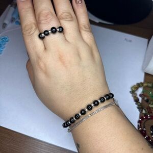 Elegant Black Beaded Bracelet and Ring Set